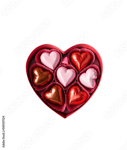 A box of heart-shaped chocolates and candies arranged in red cupcake liners. The assortment includes pink, white, and dark chocolate hearts, symbolizing love and sweetness.