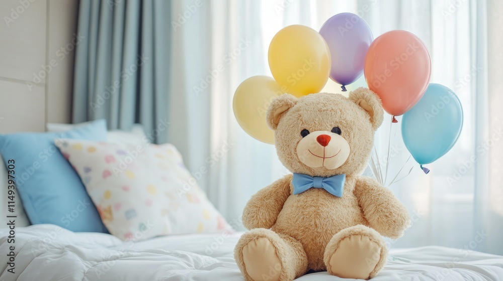 Fototapeta premium Cute Teddy bear with colorful balloons