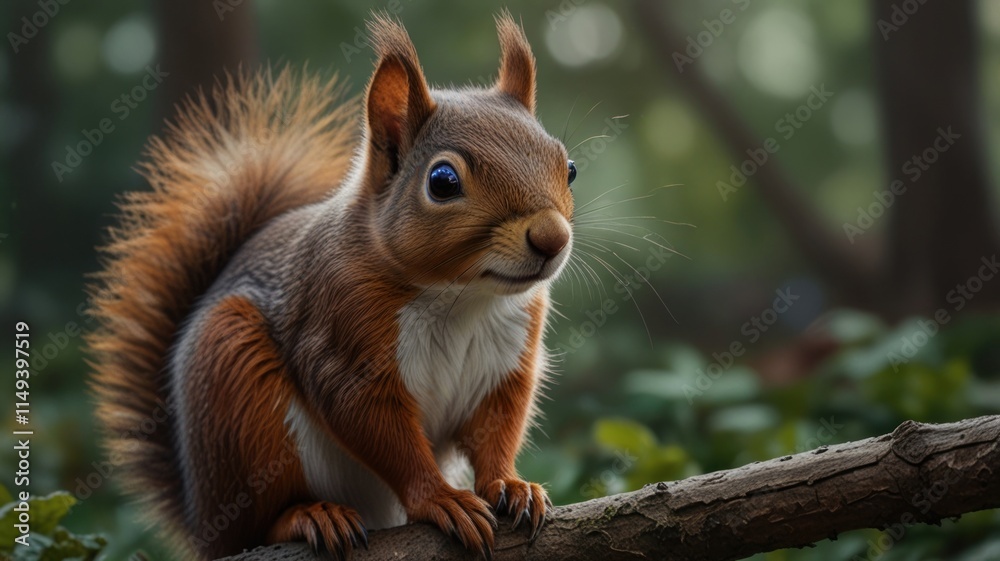Adorable red squirrel perched on a branch in a forest. Adorable red squirrel perched on a branch in a forest.