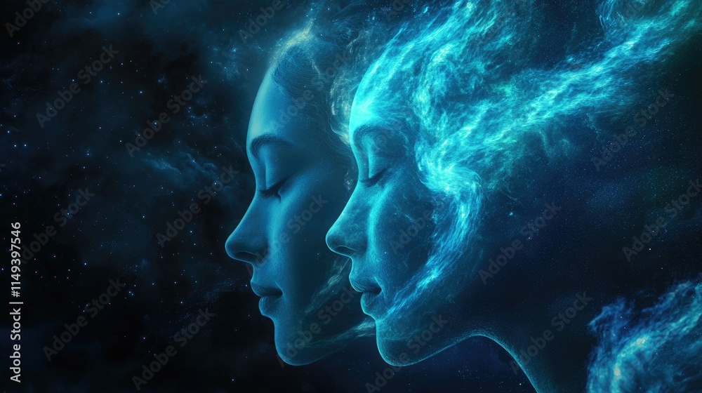 Fototapeta premium Cosmic Connection: A Digital Portrait of Two Souls United in a Celestial Embrace