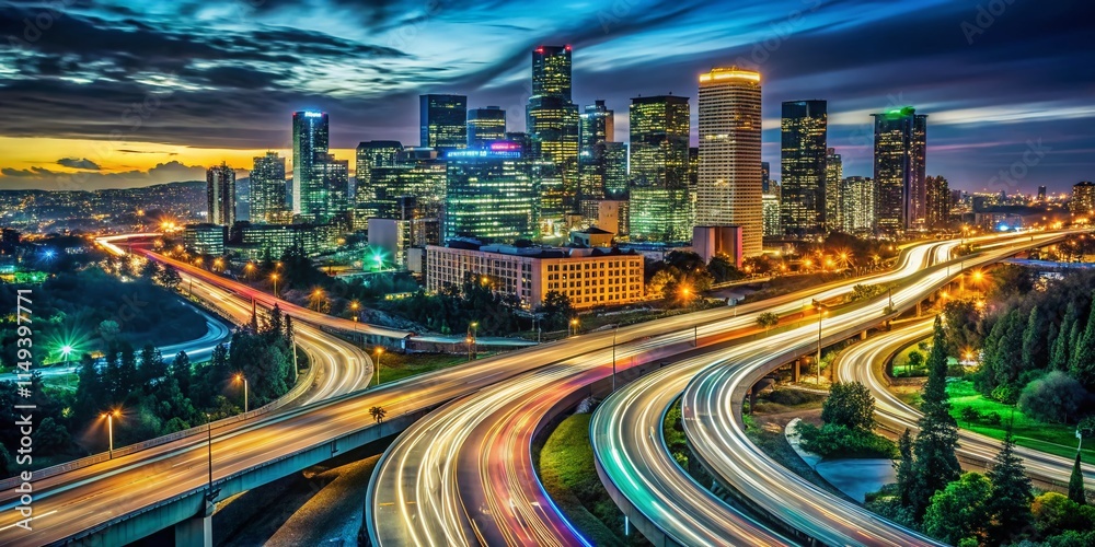 Fototapeta premium Night City Skyline Freeway Photography - Urban Exploration Images, Dark Cityscape, Asphalt Roads, Night Lights, City at Night