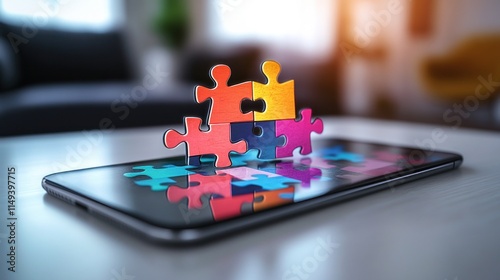 Smart phone with Colorful Holographic Puzzle on white table