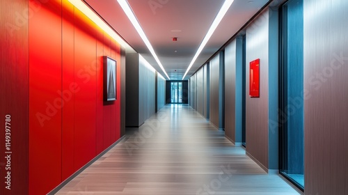 Modern Office Corridor: Red Walls and Minimalist Design