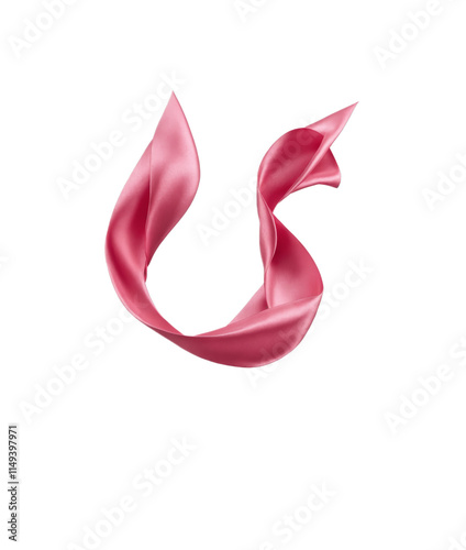 A flowing pink satin ribbon in mid-air, twisted into an elegant curve. Isolated on a white background. Ideal for design, decoration, packaging, and celebratory themes.
