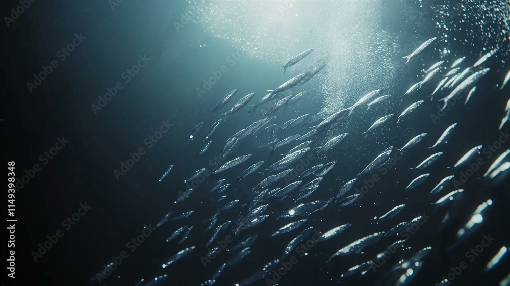 Naklejka premium A realistic underwater view of a school of sardines swimming in perfect formation, natural lighting 