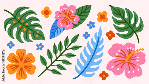 set of hand drawn exotic jungle leaves flowers