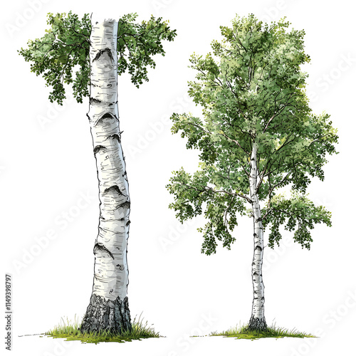 Two birch trees, one tall and slender, the other shorter and bushier, isolated on white. photo