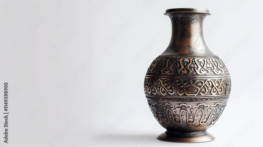 A beautifully crafted metal vase with engraved patterns on a white background with copy space. A beautifully crafted metal vase with engraved patterns on a white background with copy space.