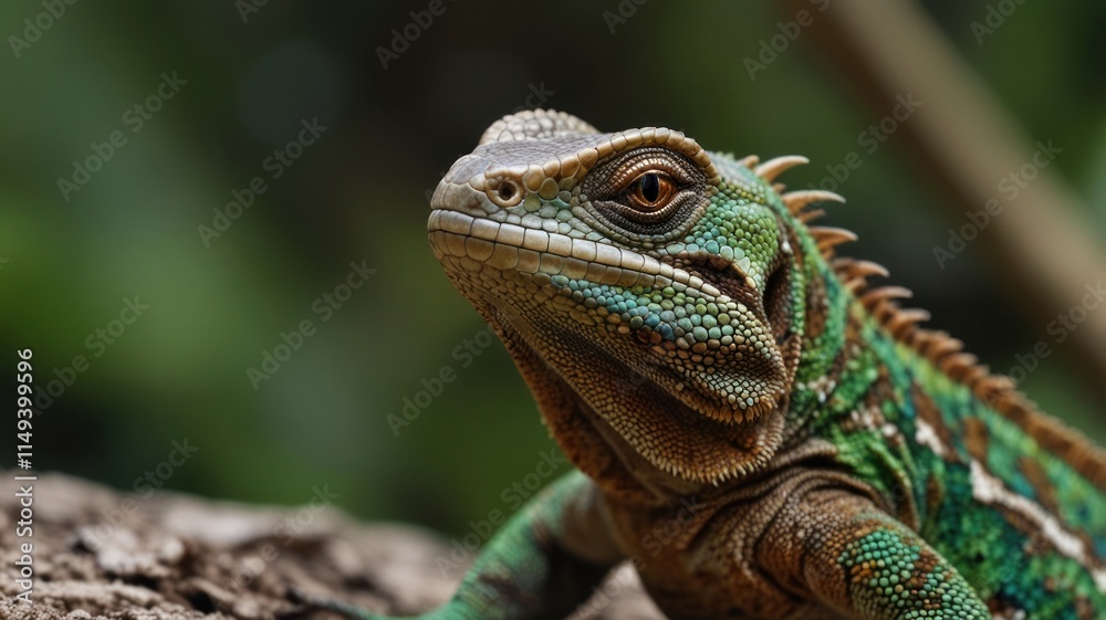 Close-up of a vibrant green and brown lizard. Close-up of a vibrant green and brown lizard.