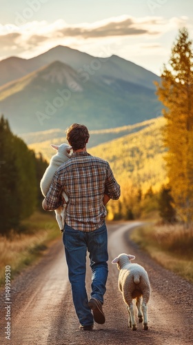 Wallpaper Mural A person carrying a sheep walks down a rural road with a dog beside them, surrounded by mountains. Torontodigital.ca