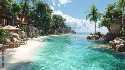 Tropical beach bungalows, turquoise water, palm trees.