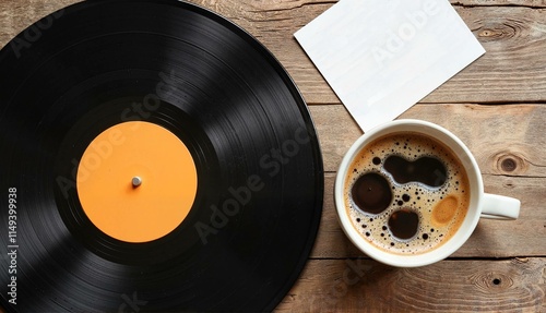 Vinyl record beside a cup of coffee on a rustic wooden table