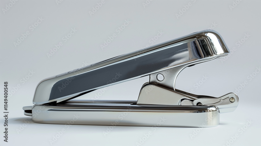 A shiny metal stapler with a smooth finish on a white background with copy space. A shiny metal stapler with a smooth finish on a white background with copy space.