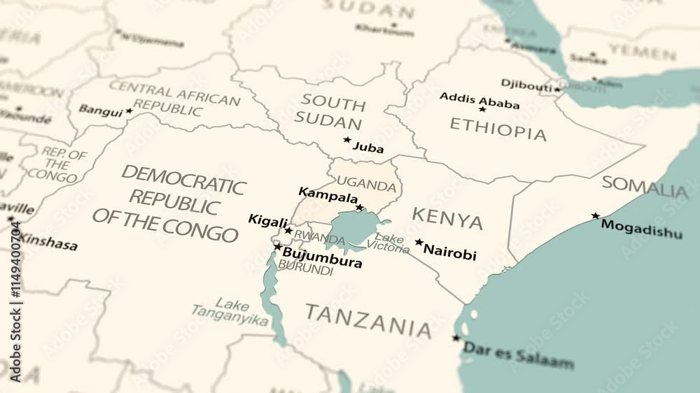 Uganda on the world map. Smooth map rotation. 4K animation.
