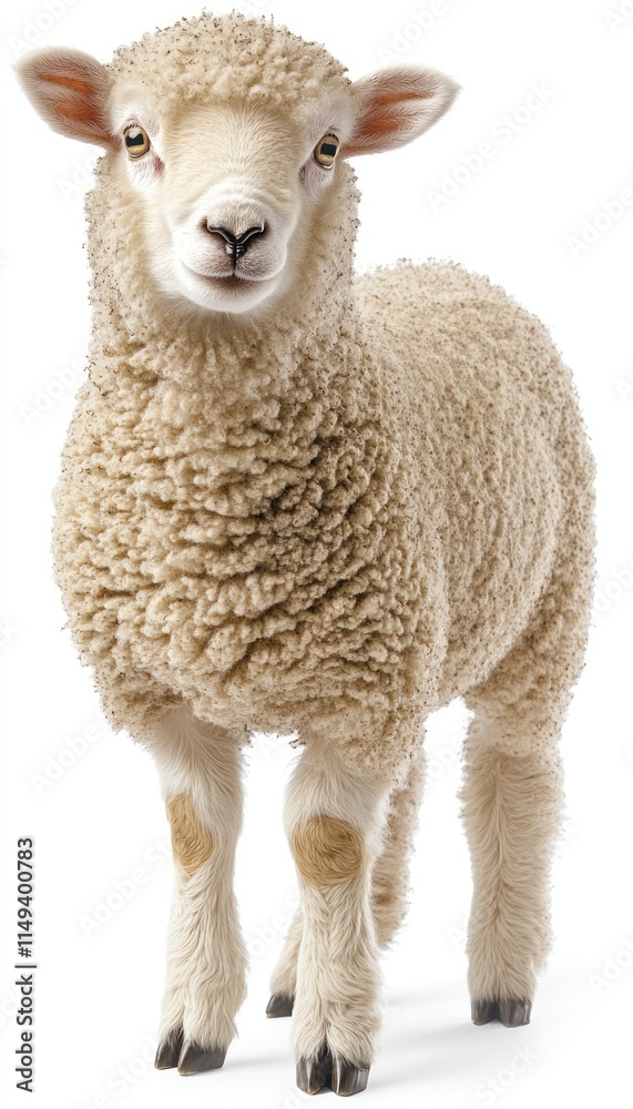 Fototapeta premium A young sheep stands upright, showcasing its fluffy wool and curious expression.