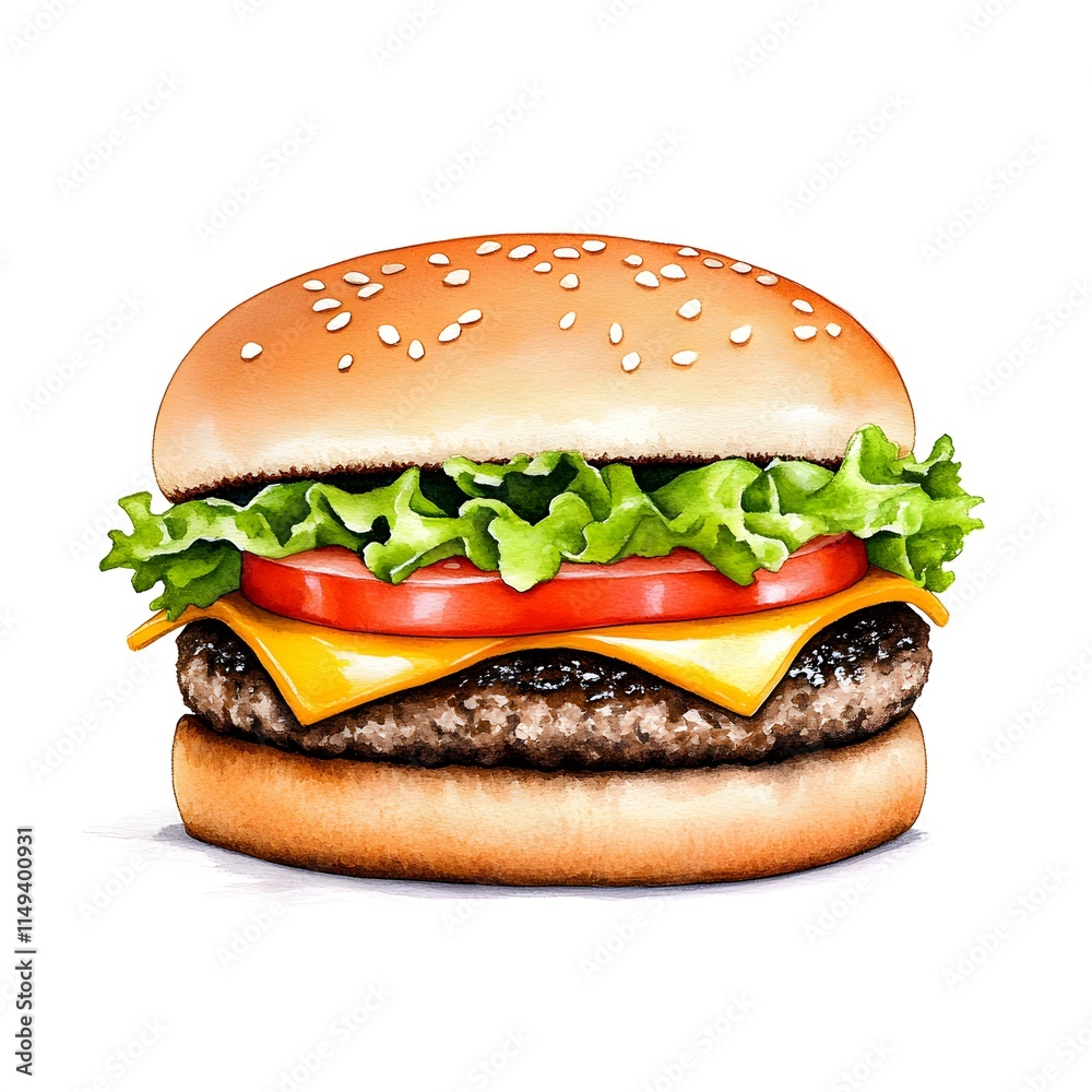 Cheeseburger Illustration With Lettuce, Tomato, And Cheese On White Background Cheeseburger Illustration With Lettuce, Tomato, And Cheese On White Background