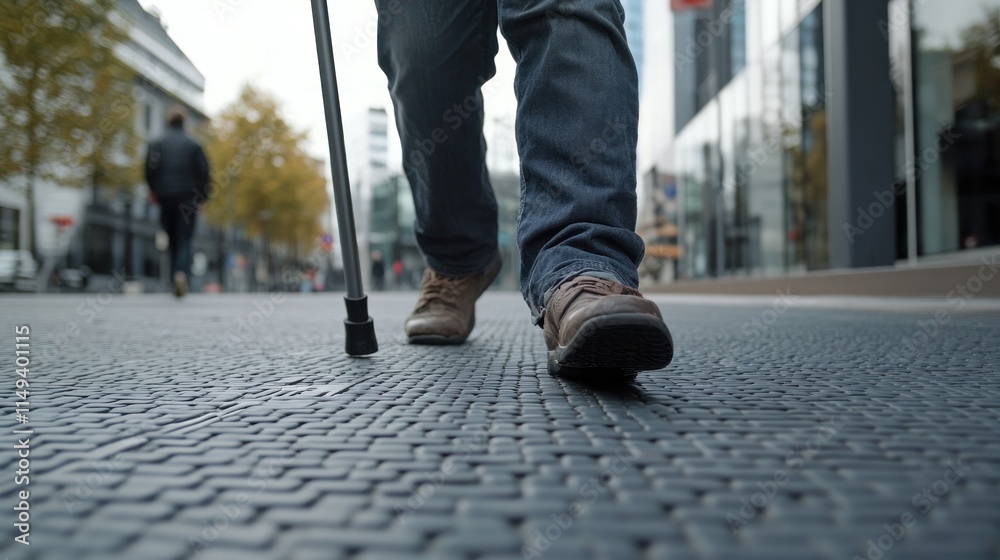accessibility and friendly environment concept, Close-up of a blind man walking along a tactile tile with a can accessibility and friendly environment concept, Close-up of a blind man walking along a tactile tile with a can