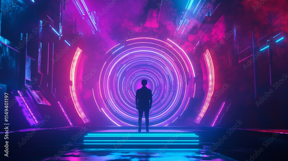 Person standing in a vibrant illuminated tunnel with colorful neon lights. Person standing in a vibrant illuminated tunnel with colorful neon lights.