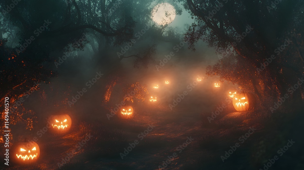 Spooky Jackolanterns Illuminate Foggy Forest Path Spooky Jackolanterns Illuminate Foggy Forest Path