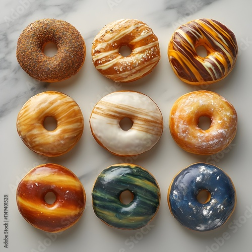Assorted gourmet donuts with colorful glazes and toppings on white marble surface