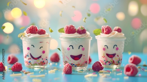 Three happy yogurt cups with raspberries, sprinkles of mint, and cheerful faces on a table