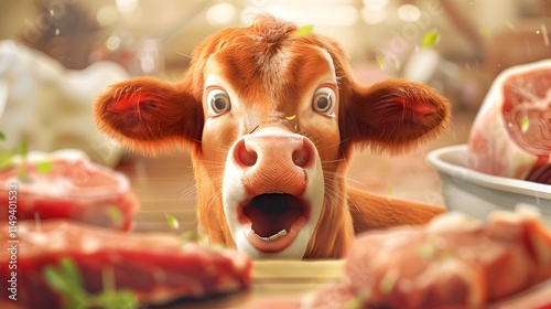 Funny surprised cow looking at raw meat in a butcher shop photo