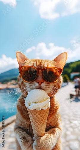 Cool orange tabby cat wearing sunglasses holding an ice cream cone on a sunny waterfront