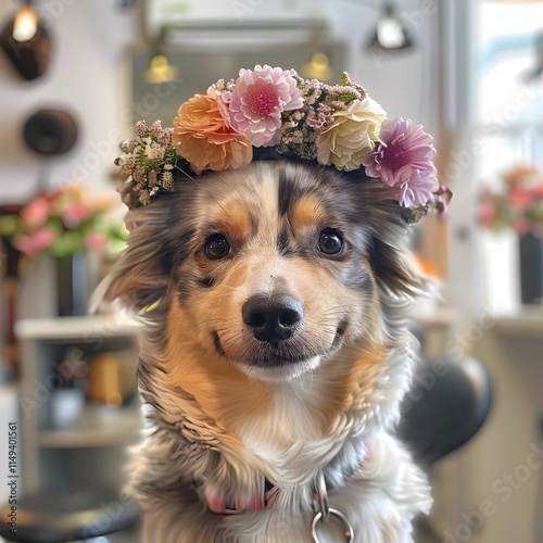 Cute dog wearing a flower crown sitting in a cozy grooming salon