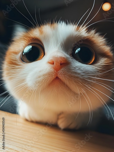 Close-up of an adorable kitten with large curious eyes. A cute orange cat looking curiously into the camera