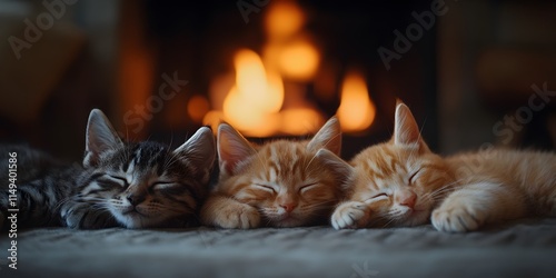 Three kittens sleeping peacefully in front of a cozy fireplace