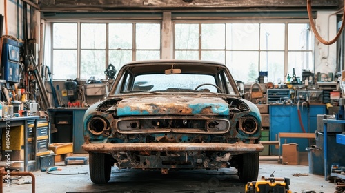 Abandoned Classic Car in a Vintage Workshop Surrounded by Tools photo