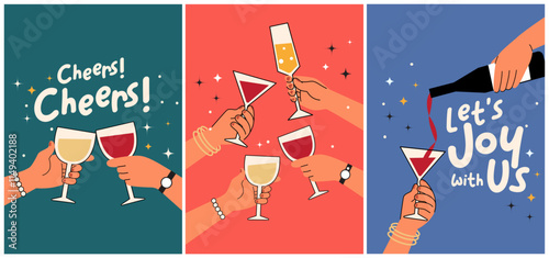Print celebration party concept, new year, birthday party, background and greeting card, cheers with champagne drinks or wine glasses, 2d vector illustration design,