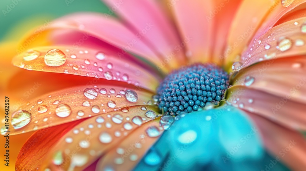 Vibrant Rainbow Flower with Dew Drops: A Close-Up Macro Photography Vibrant Rainbow Flower with Dew Drops: A Close-Up Macro Photography