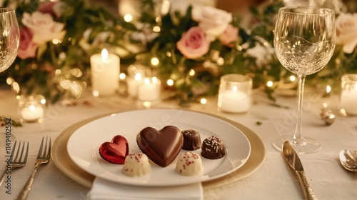 Romantic Table Setting with Heart-Shaped Chocolates Surrounded by Rose Flowers and Soft Candlelight for a Special Celebration or Valentine's Day Dinner photo