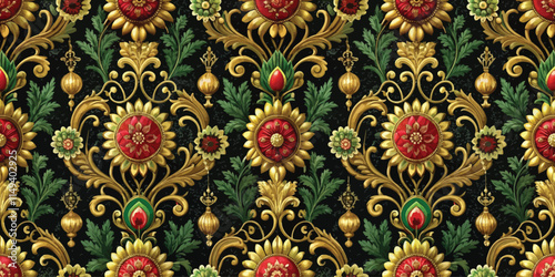Intricate floral pattern featuring vibrant red and gold accents on a rich black background.