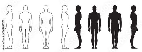 solid silhouette man standing front side from back outline