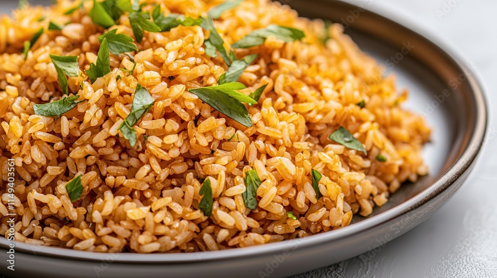 Slow cook enhances rice grains. Delicious spiced rice dish garnished with fresh herbs. Slow cook enhances rice grains. Delicious spiced rice dish garnished with fresh herbs.