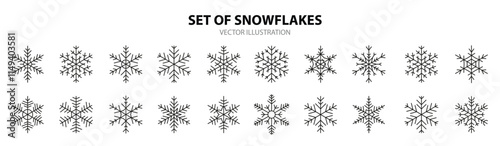 snowflakes black line set different shape outline winter ice crystal ornament symbol decor