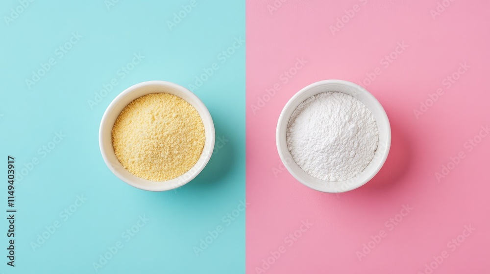 Baking soda and cornstarch side by side in small bowls on a vibrant background. Baking soda and cornstarch side by side in small bowls on a vibrant background.