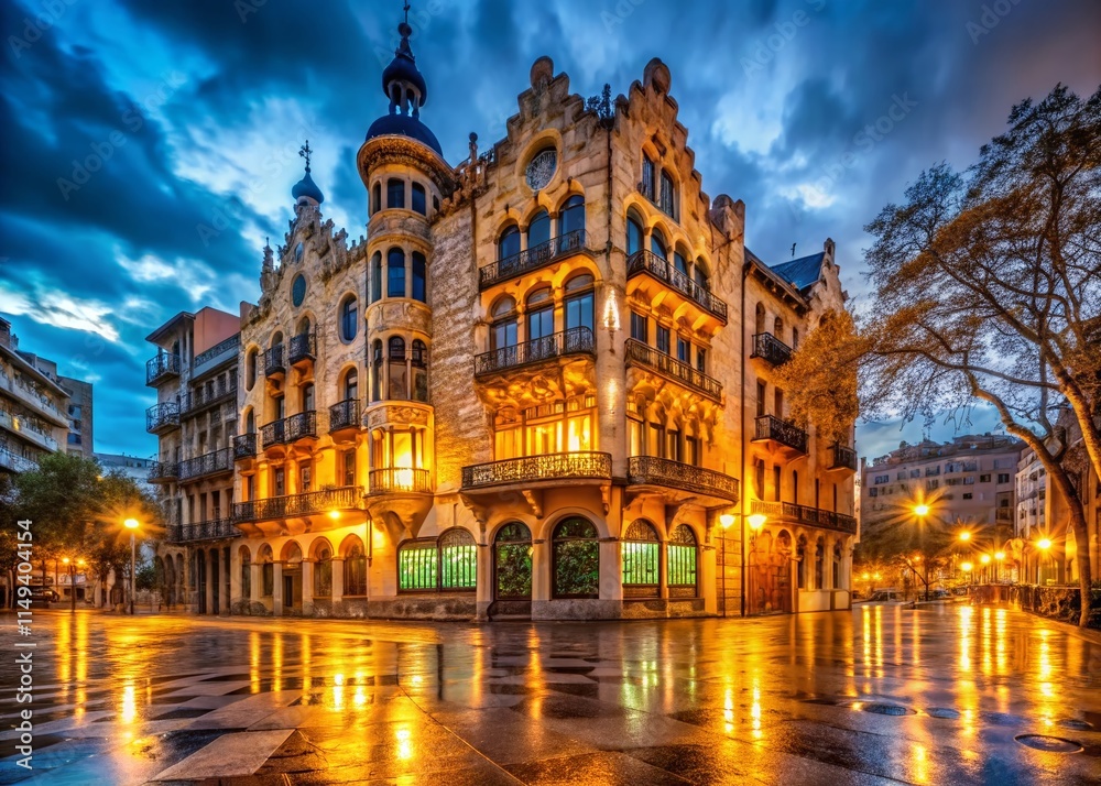 Fototapeta premium Night Photography: Catalan Modernism Architecture, Illuminated Buildings, Barcelona Night Scene, Rocamora Lleo Style, Historic Building Facade, City Nightscape