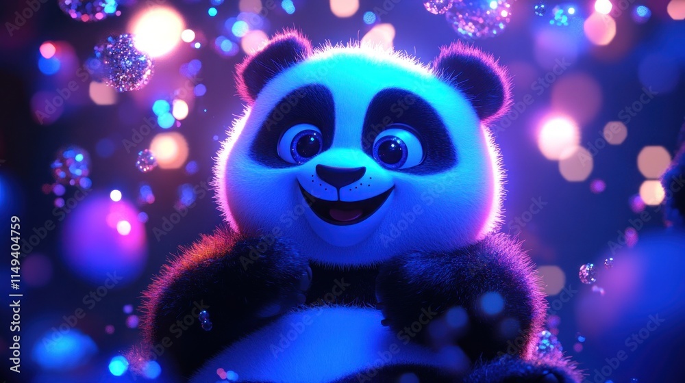 Happy panda with glowing lights.