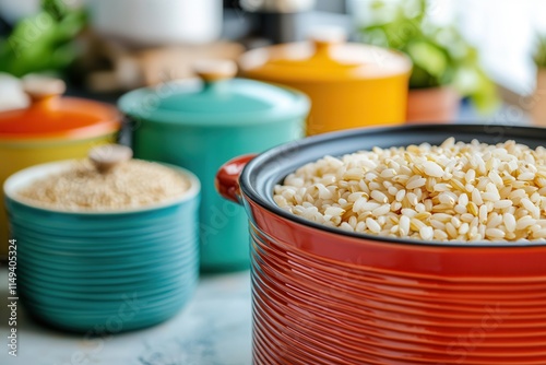 Slow cook enhances rice grains. Colorful pots with grains, showcasing vibrant kitchenware.