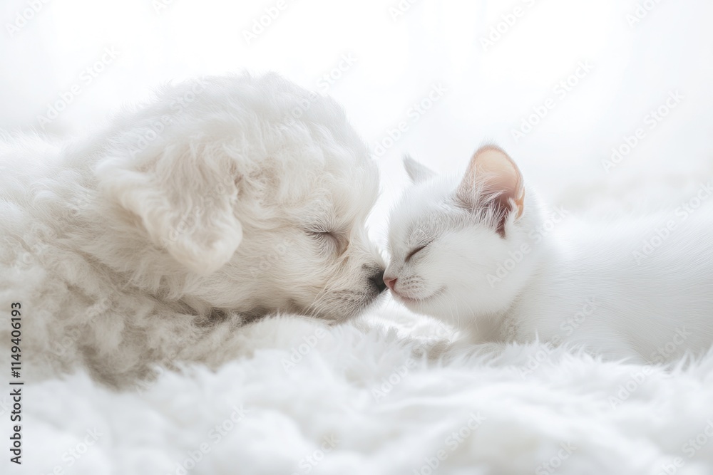 White puppy and kitten nuzzling noses. White puppy and kitten nuzzling noses.