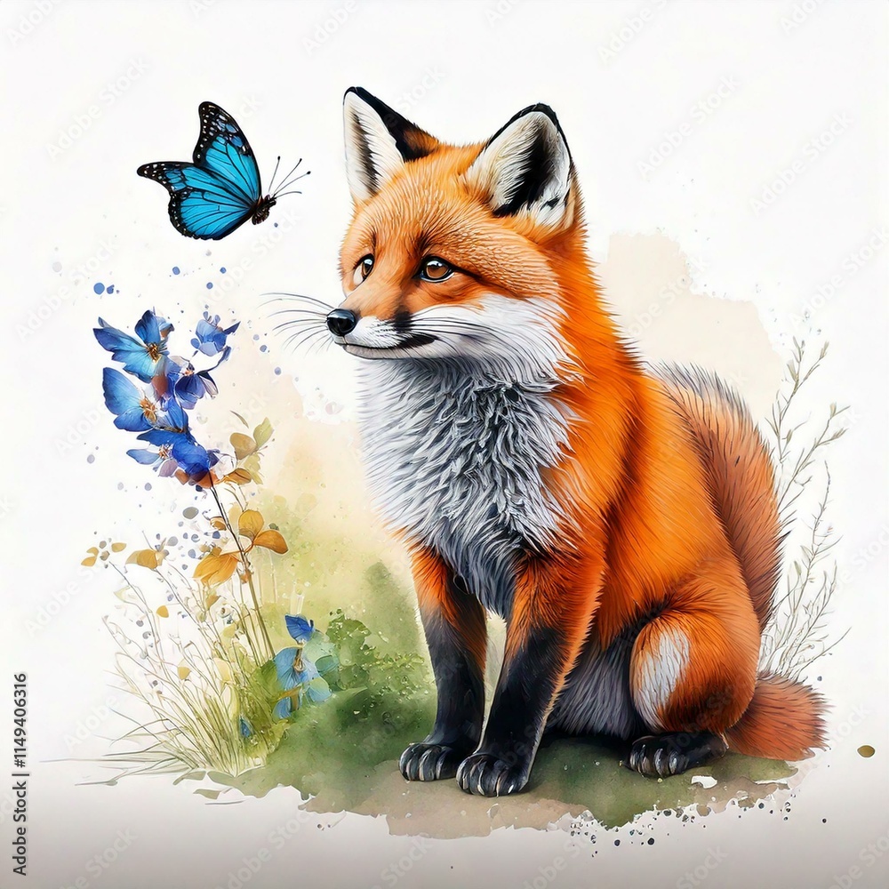 Obraz premium Curious Fox and Butterfly in a Floral Meadow