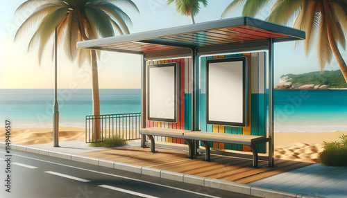 Billboard A beachfront bus stop with two blank advertisement boards integrated into a colorful shelter The ba3 photo