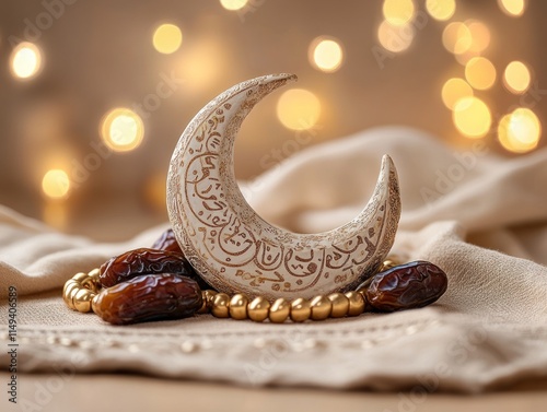 Crescent moon with dates, and beads on cloth with bokeh. photo