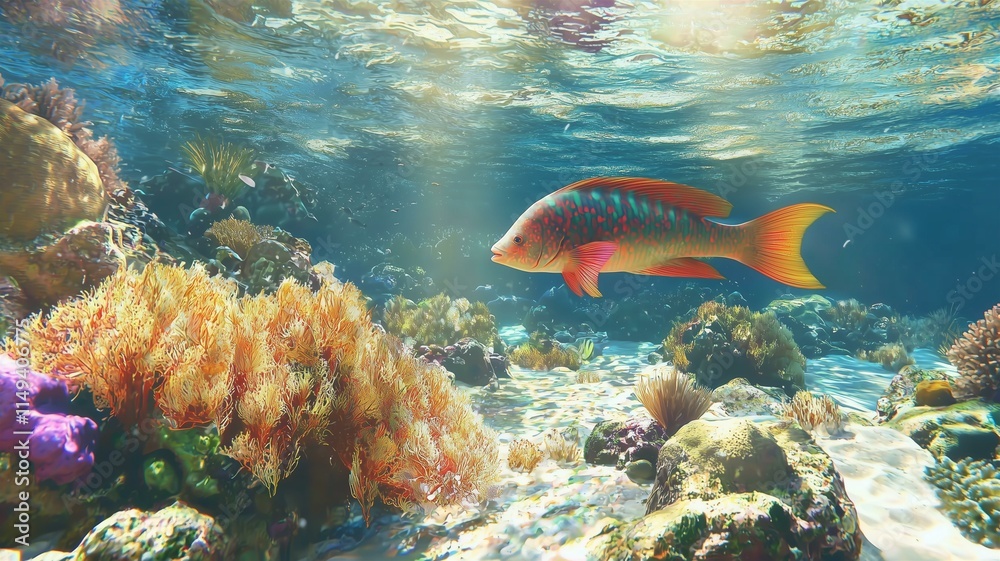 Fototapeta premium A vibrant display of a parrotfish nibbling coral in shallow tropical waters, photorealistic detail 