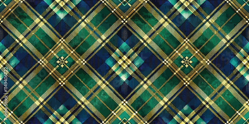 A vibrant plaid pattern featuring rich greens, blues, and golds, creating a striking visual appeal.