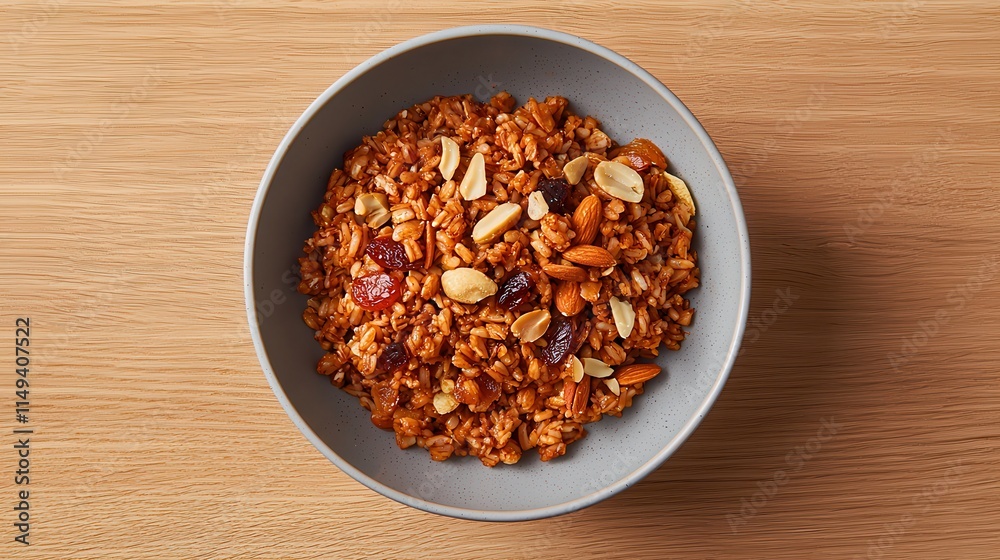 Slow cook enhances rice grains. Bowl of granola with nuts and dried fruit on a wooden table. Slow cook enhances rice grains. Bowl of granola with nuts and dried fruit on a wooden table.