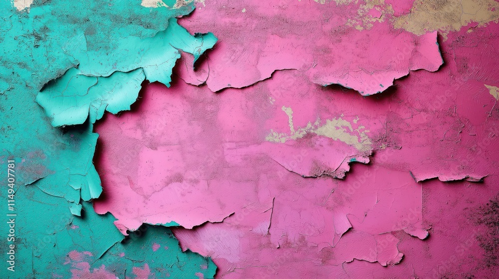 Vibrant pink, teal peeling paint on textured wall. Abstract art design with distressed effect. Unique visual composition. Aged surface with layers of color. Creative design element. Intriguing wall Vibrant pink, teal peeling paint on textured wall. Abstract art design with distressed effect. Unique visual composition. Aged surface with layers of color. Creative design element. Intriguing wall